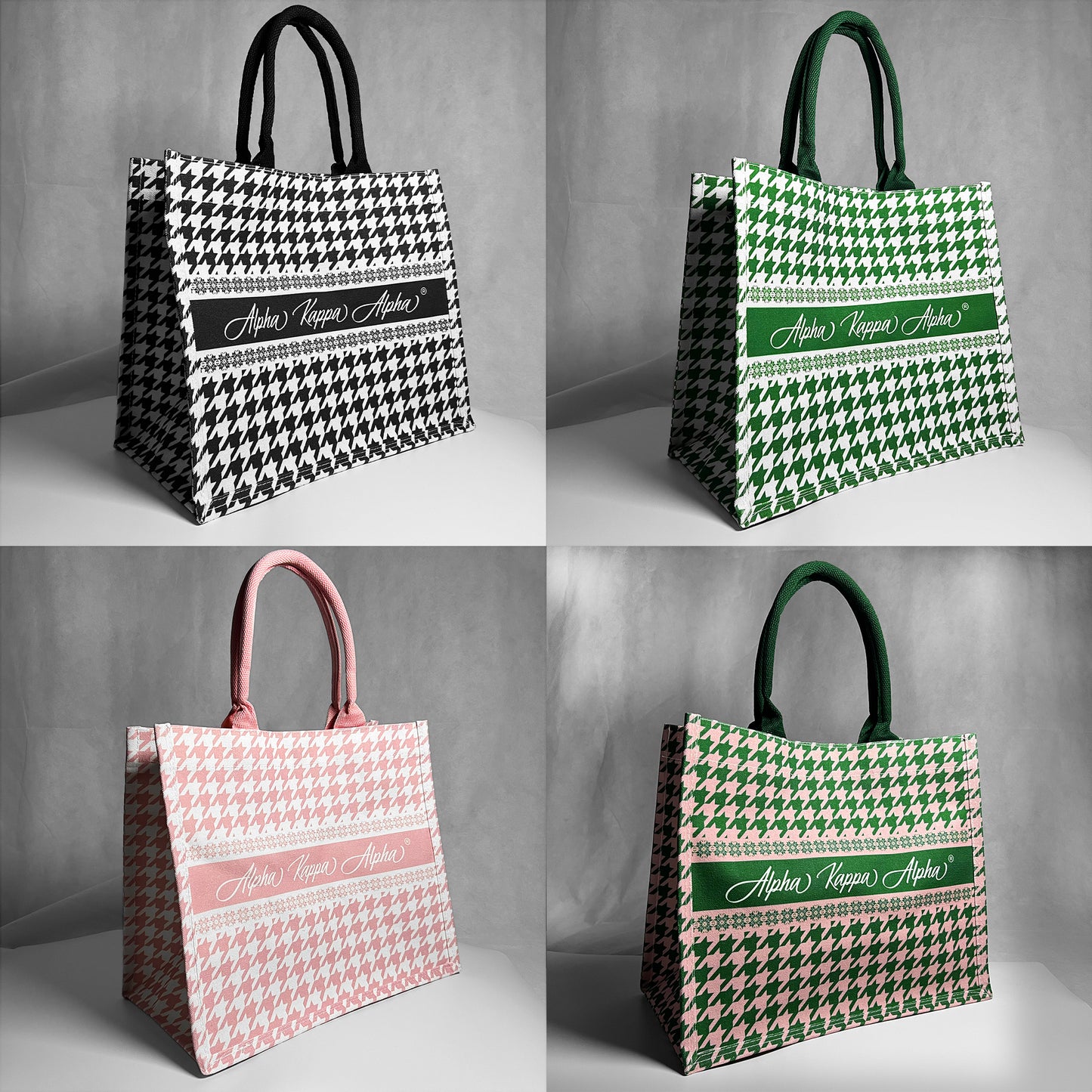 Four tote bags with houndstooth pattern and Alpha Kappa Alpha text. Gray background