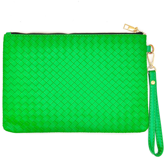 Green woven clutch bag with a gold zipper and wrist strap on a white background