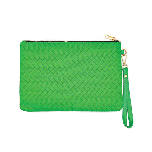 Green woven clutch bag with a gold zipper and wrist strap on a white background