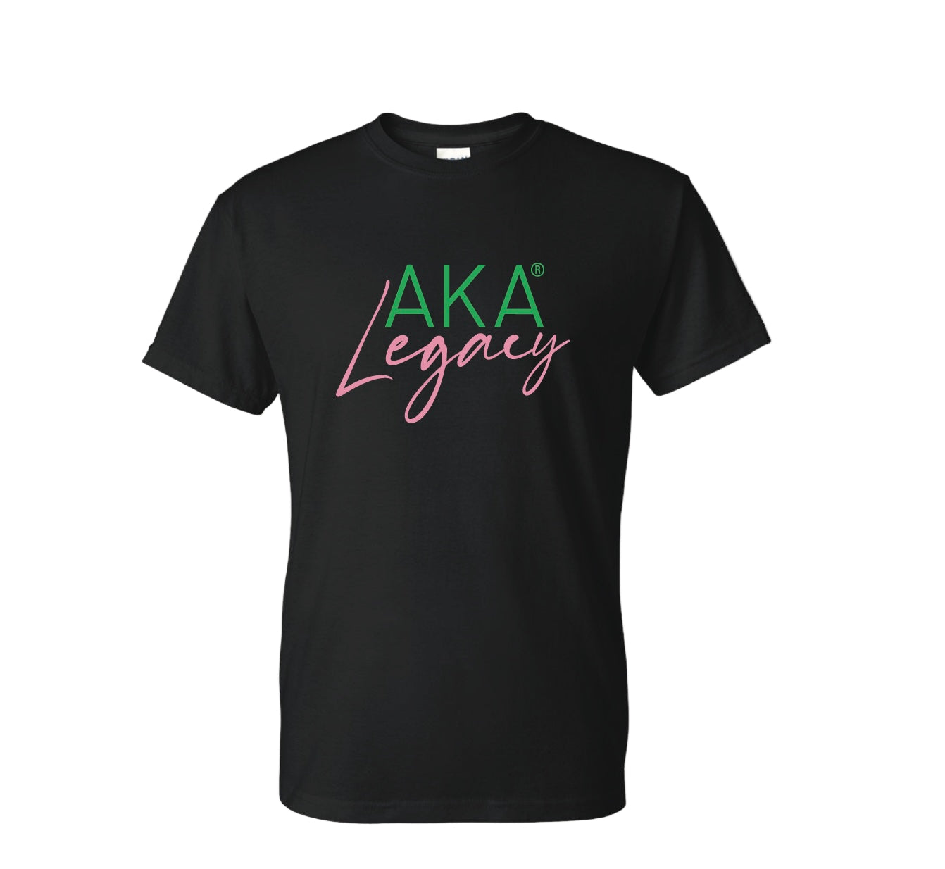 Black t-shirt with 'AKA Legacy' text on a white background