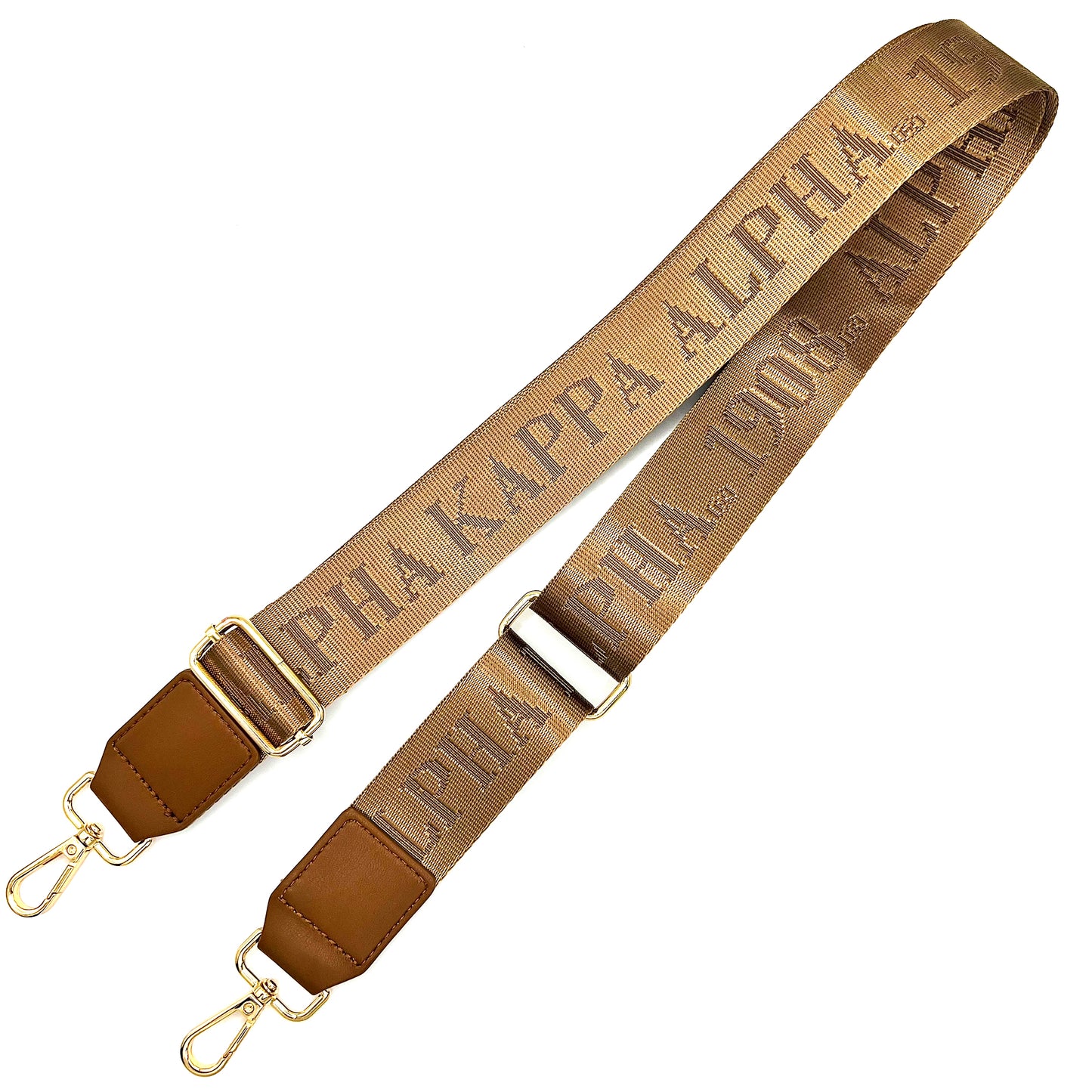 Bronze/Gold bag strap with debossed 'Alpha Kappa Alpha 1908' branding on a white background