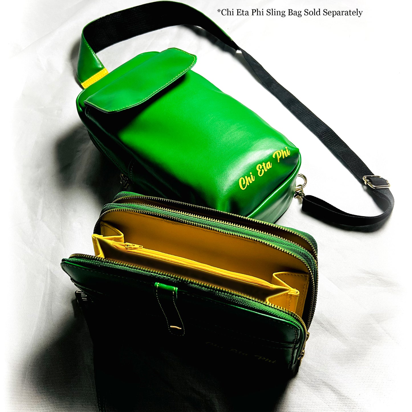 Green bag and wallet combo with 'Chi Eta Phi' branding on a white background