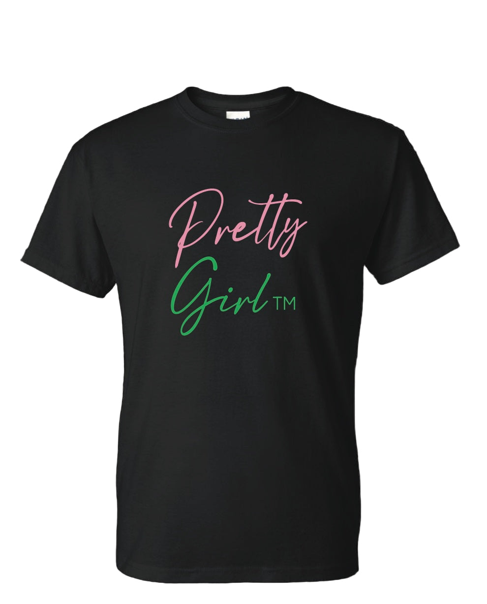 Black t-shirt with 'Pretty Girl' text in pink and green on a black background