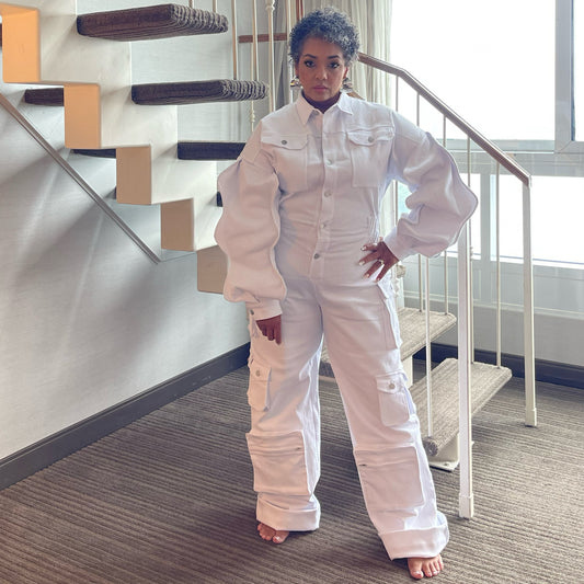 White Denim Cargo Ruffle Sleeve Jumpsuit