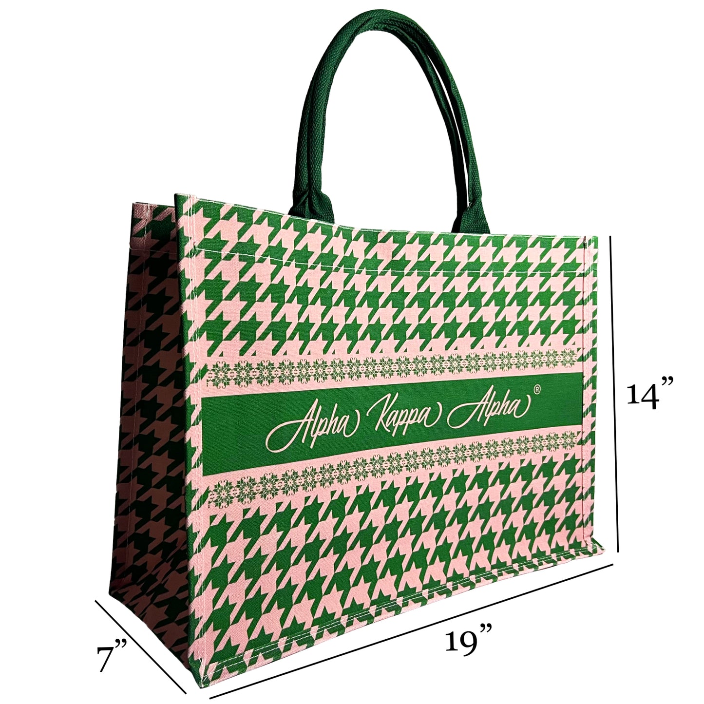 tote bag with green and pink houndstooth pattern. Alpha Kappa Alpha text in the center. Dimensions of bag are labeled 19 inches by 14 inches by 7 inches.
