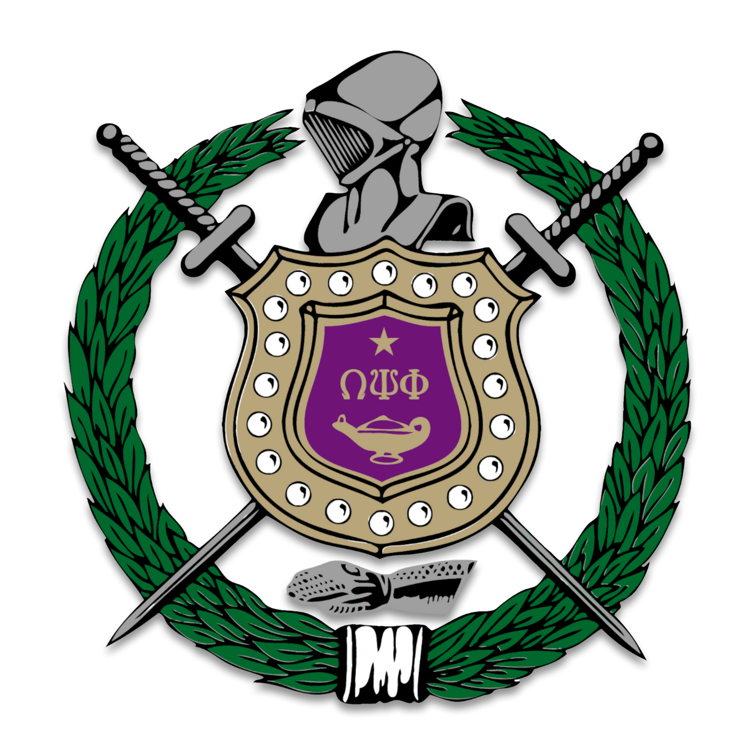 Omega Psi Phi Fraternity badge on purple and old gold gradient background.
