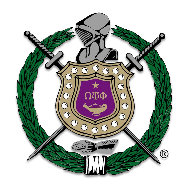 Omega Psi Phi Fraternity badge on purple and old gold gradient background.