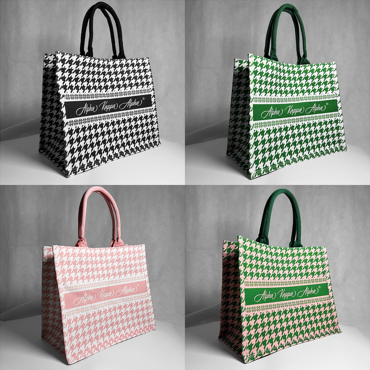 Four tote bags with houndstooth pattern and Alpha Kappa Alpha text.  Gray background