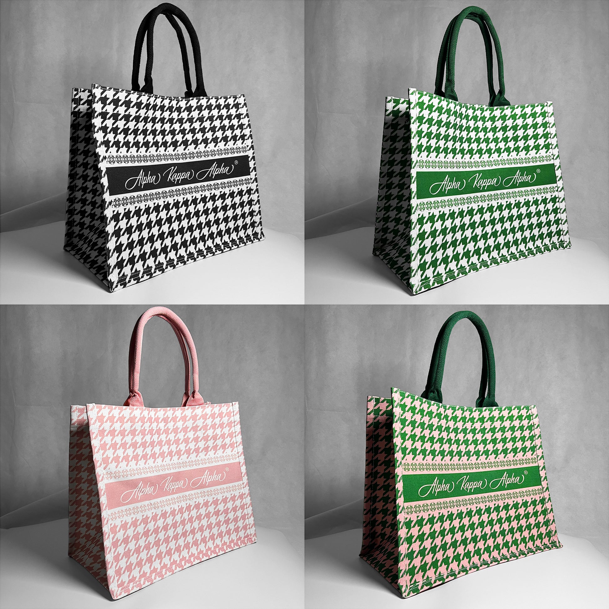 Four tote bags with houndstooth pattern and Alpha Kappa Alpha text.  Gray background