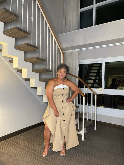 Khaki Stretch Strapless Dress