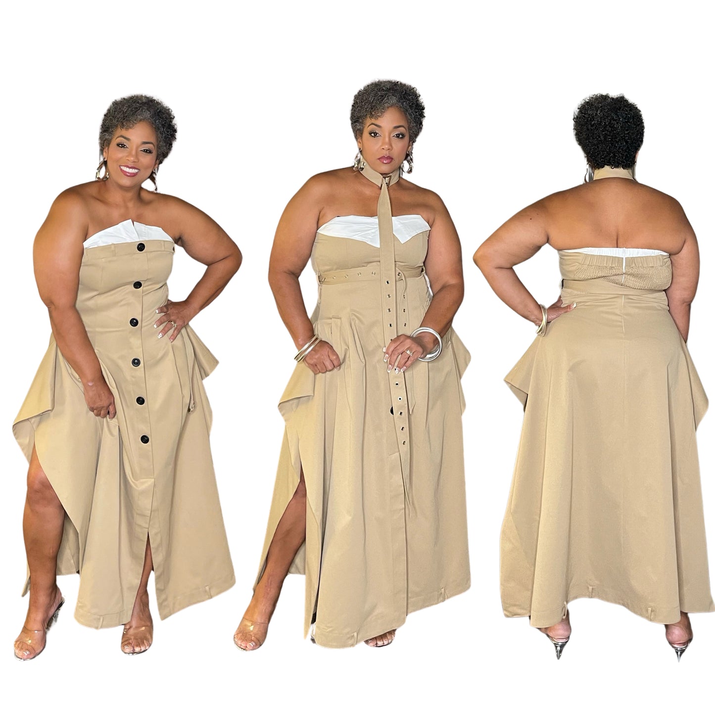Khaki Stretch Strapless Dress