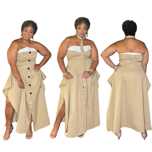 Khaki Stretch Strapless Dress