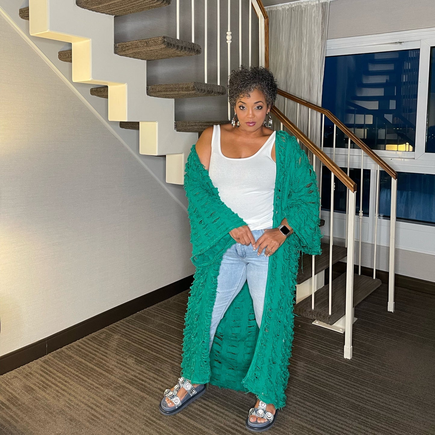 Green Denim Distressed Duster