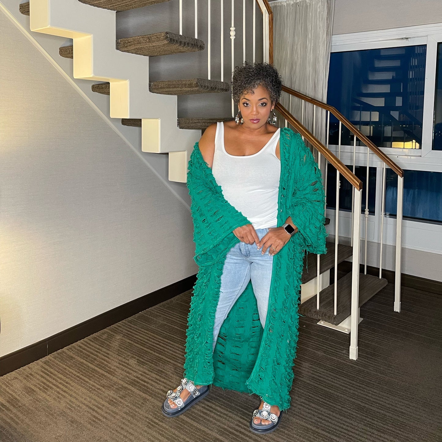 Green Denim Distressed Duster