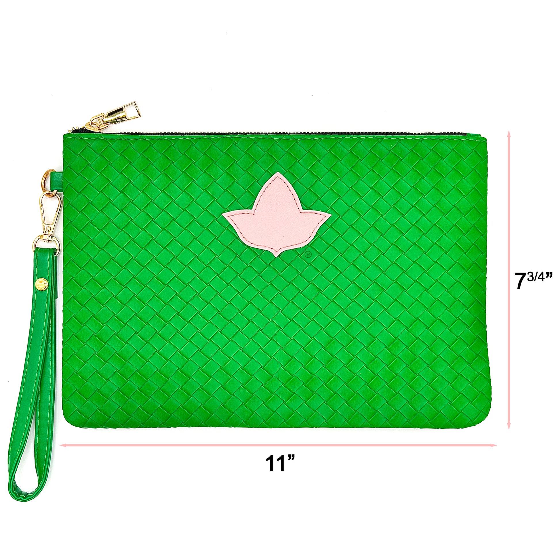 Green woven clutch with a pink ivy design and measurements on a white background. Measurements are 11 inches by 7.75 inches.