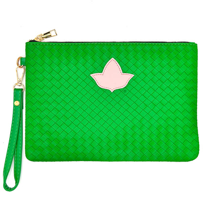 Green woven clutch with a pink ivy logo on a white background