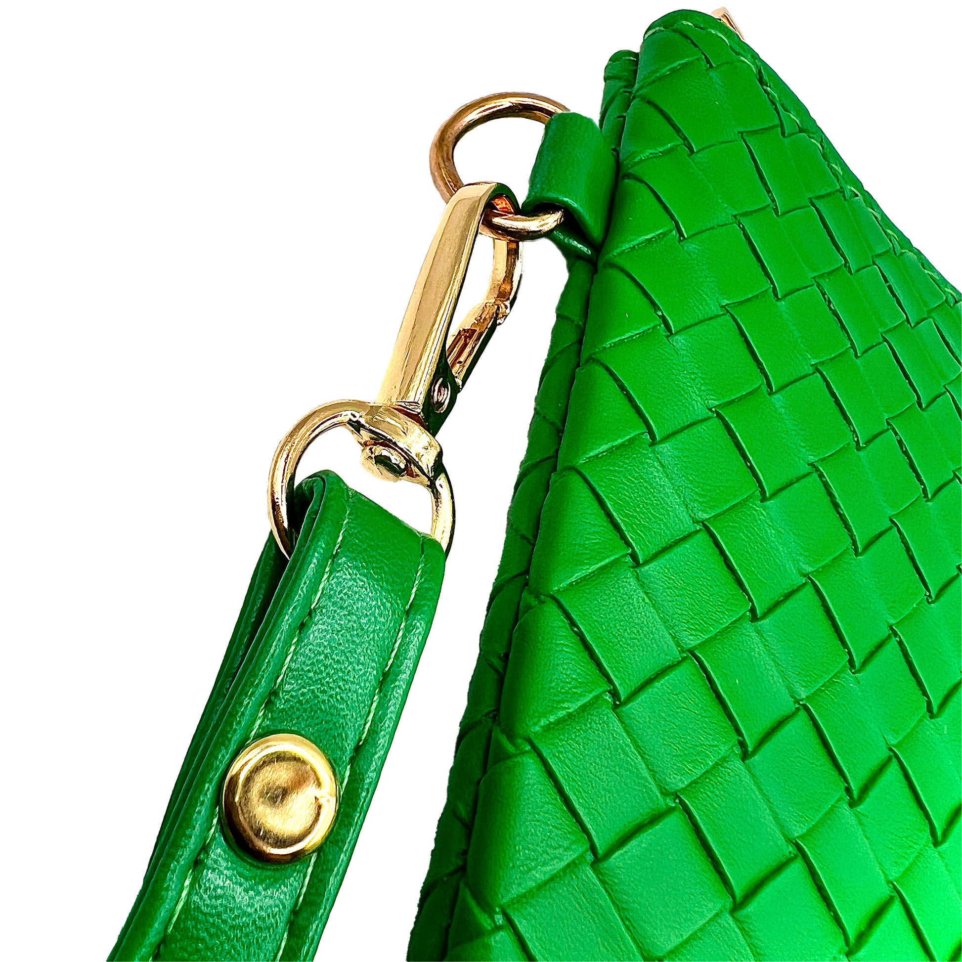 Green woven handbag with gold accents on a white background