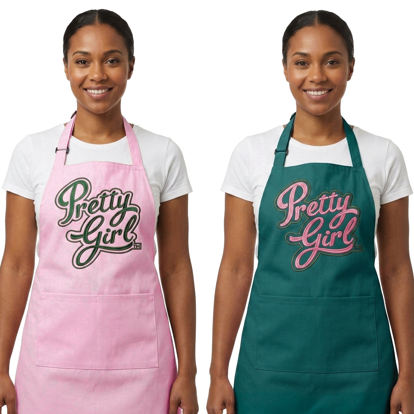 Two people wearing aprons with 'Pretty Girl' text on a white background