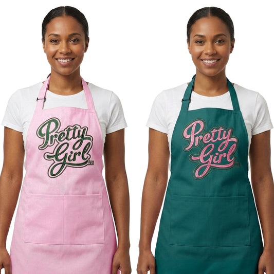 Two people wearing aprons with 'Pretty Girl' text on a white background