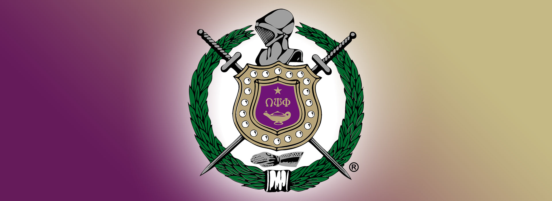 Omega Psi Phi Fraternity badge on purple and old gold gradient background.
