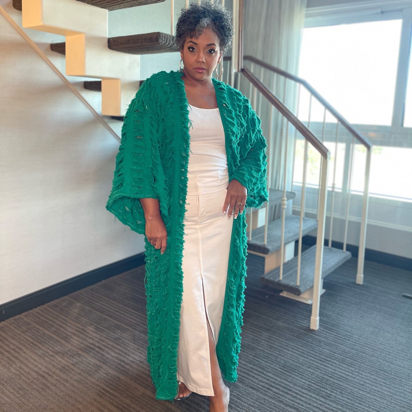 Green Denim Distressed Duster
