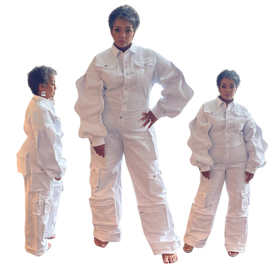White Denim Cargo Ruffle Sleeve Jumpsuit