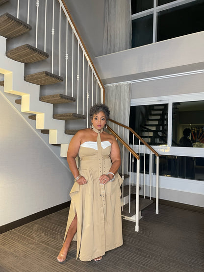 Khaki Stretch Strapless Dress