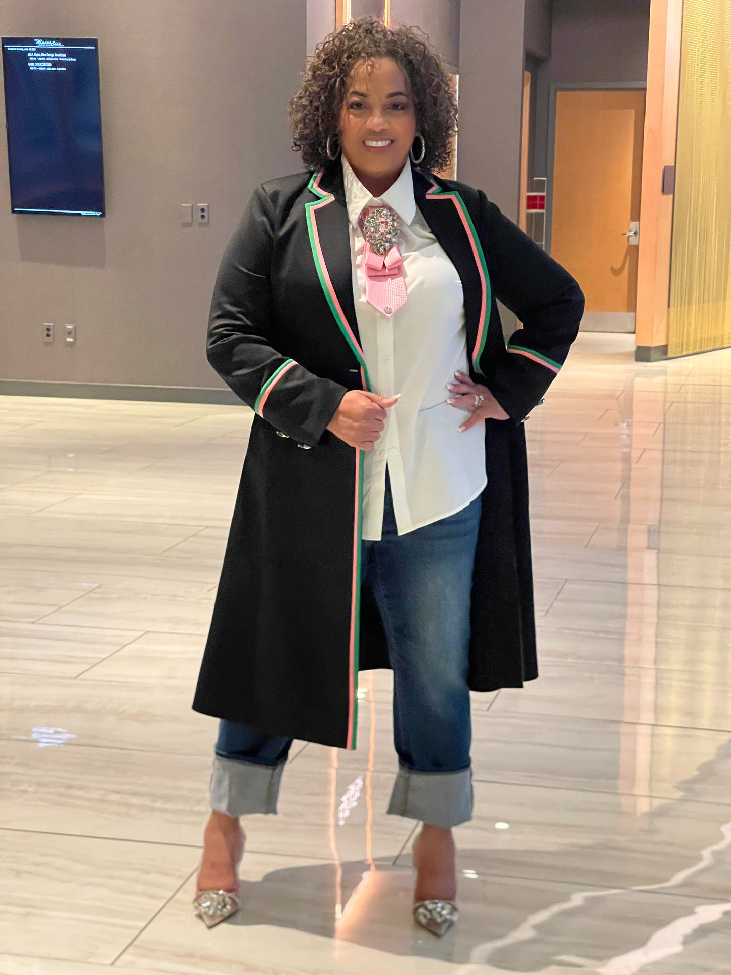 [Pre -Order] Long Black Blazer w Pink & Green Trim