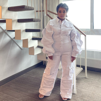 White Denim Cargo Ruffle Sleeve Jumpsuit
