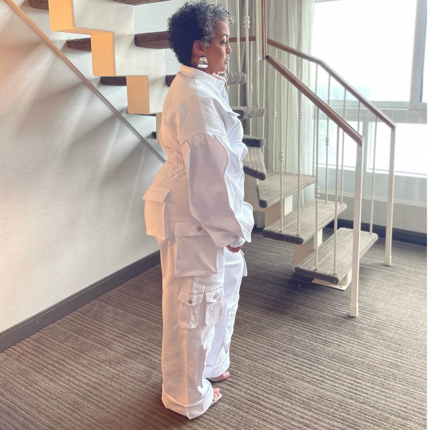 White Denim Cargo Ruffle Sleeve Jumpsuit