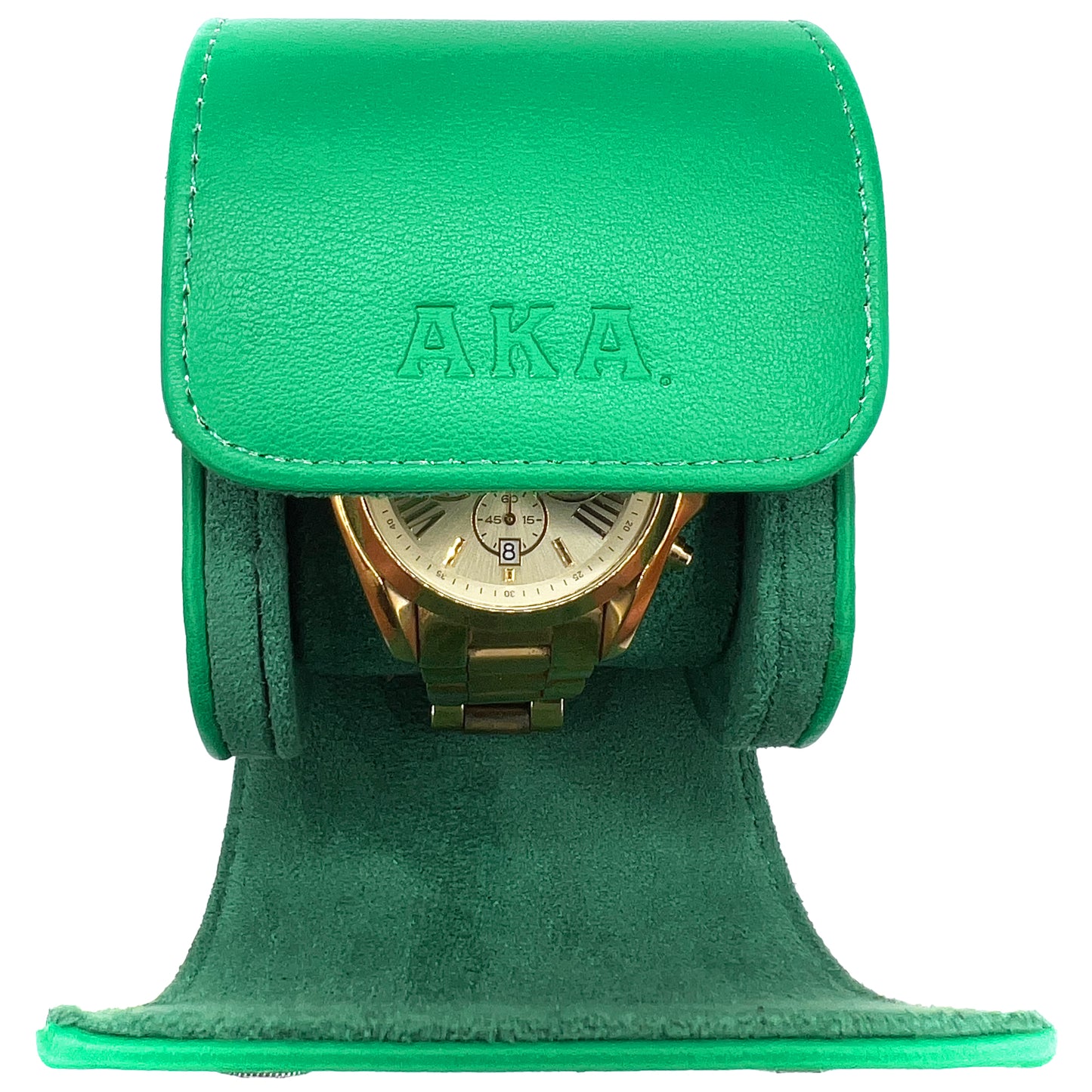 Green watch case with a gold watch inside on a white background