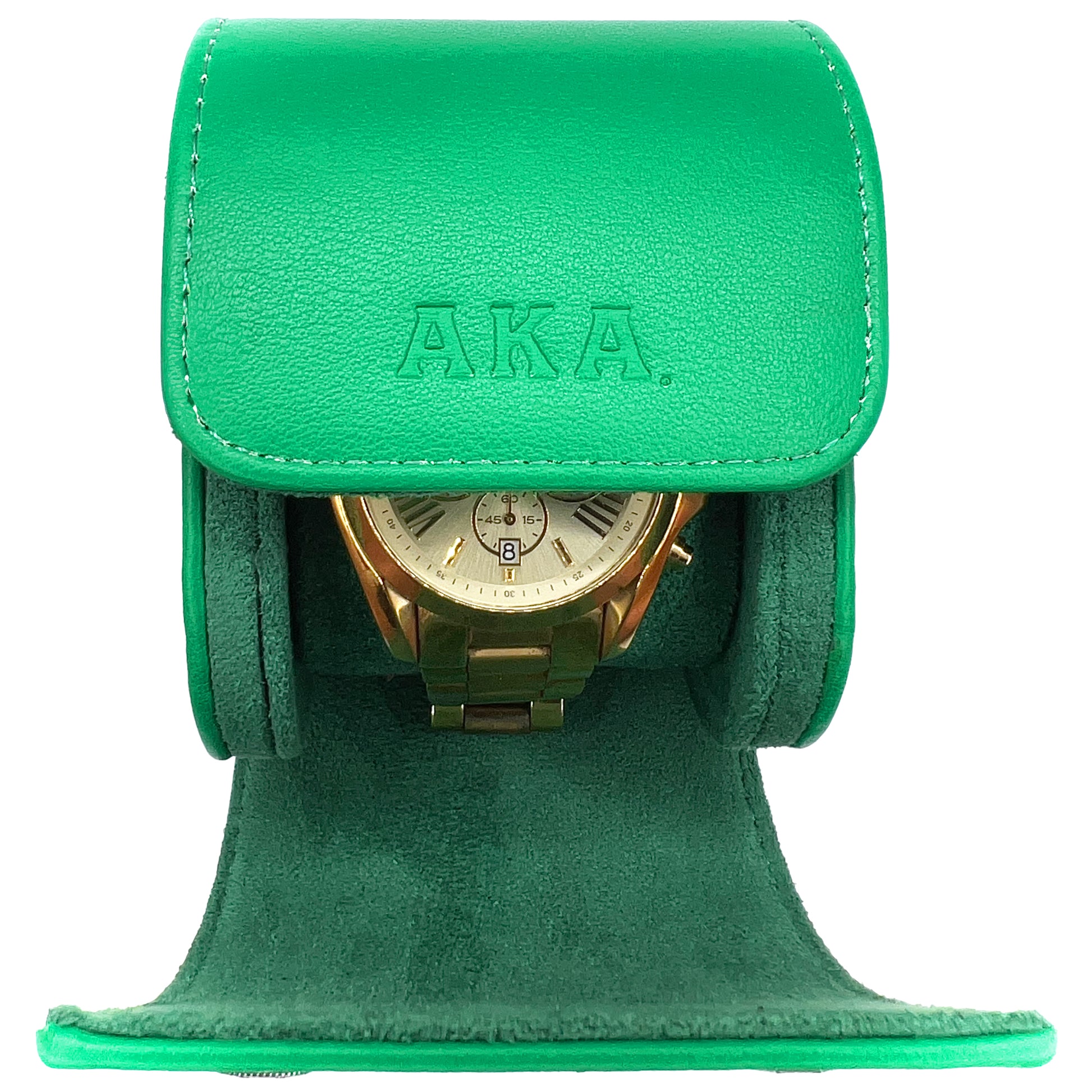 Green watch case with a gold watch inside on a white background