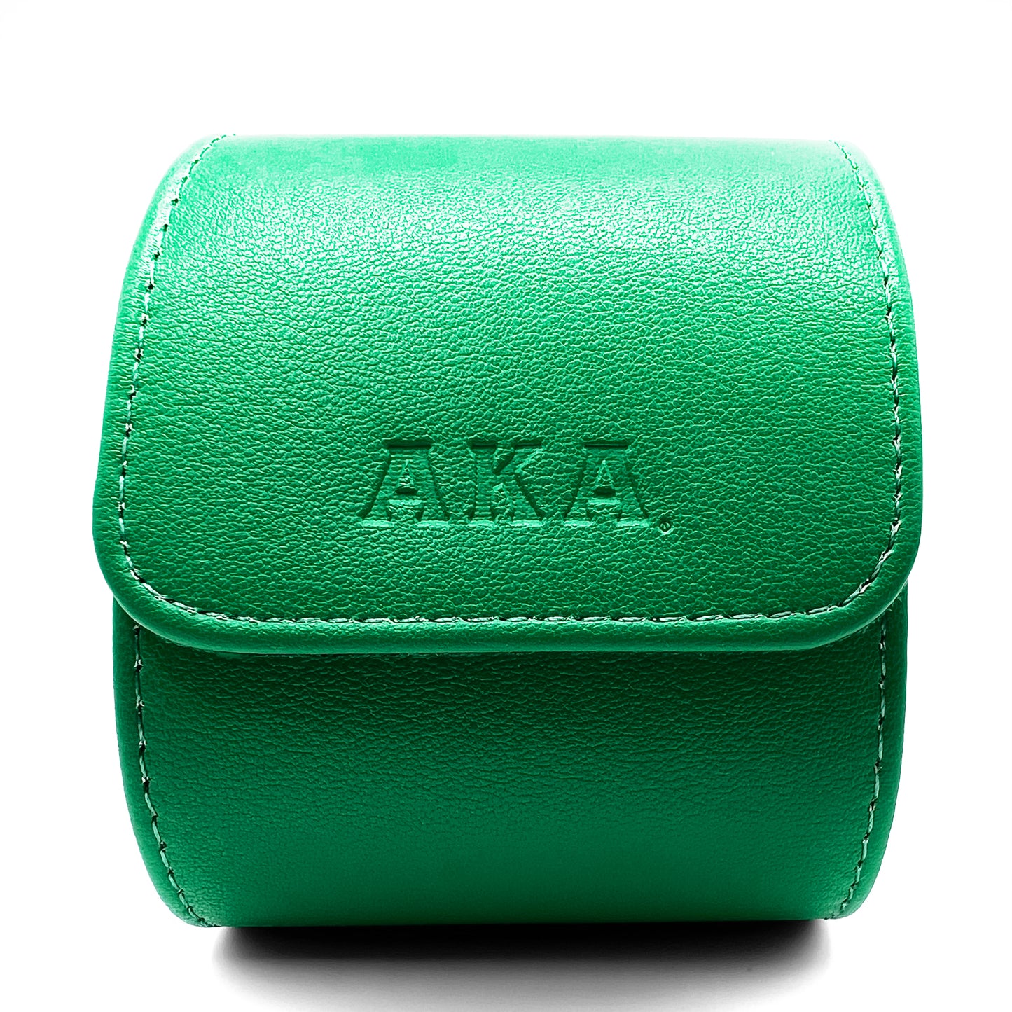 Green leather case with 'A.K.A.' branding on a white background