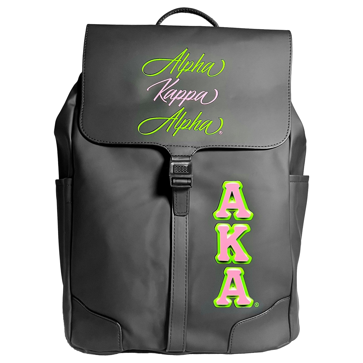 Front-view of black Alpha Kappa Alpha laptop backpack
