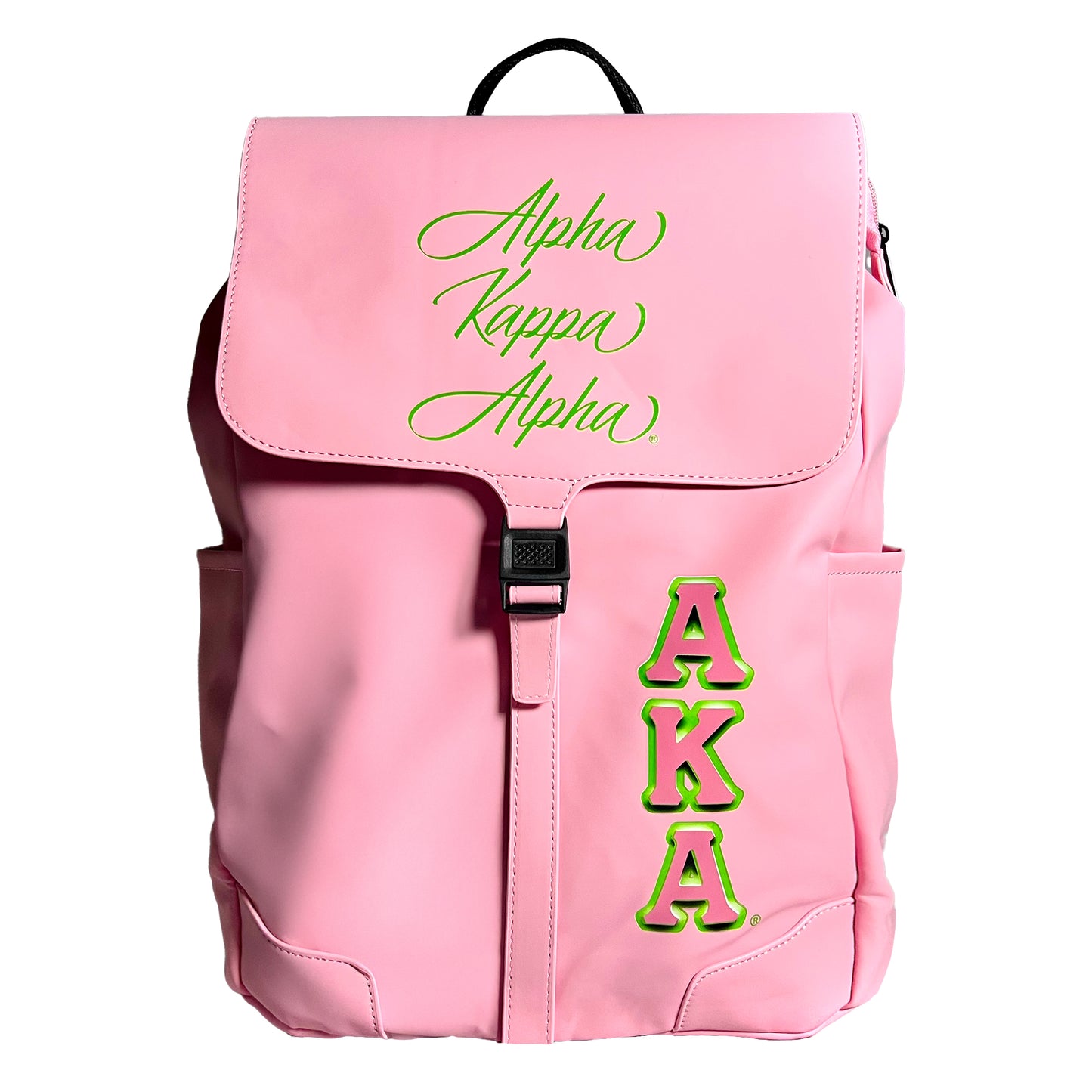 Front-view of pink Alpha Kappa Alpha Laptop Backpack