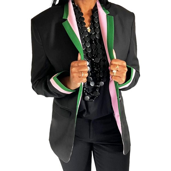 Black Blazer w Pink + Green Trim